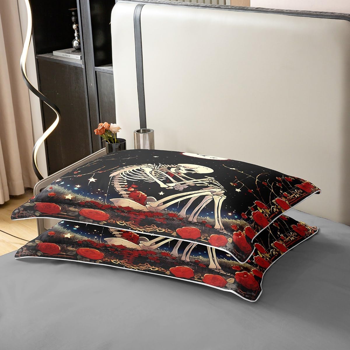 3D Skull Duvet Cover 100% Nature Cotton Full Size,Watercolor Red Rose Gothic Moon Comforter Cover,Not Comforter for Teens Youth,Halloween Theme Skeleton Sugar Skull Super Soft Bedding Bedroom Decor