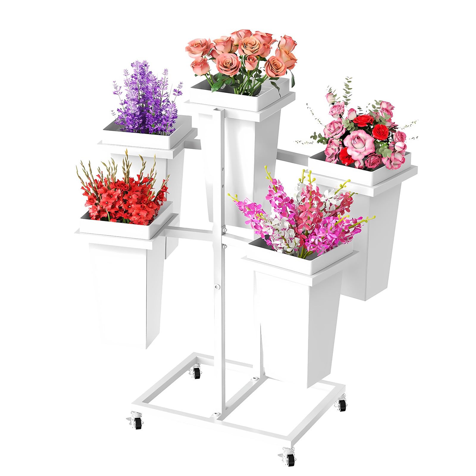 KEPMOGOH Flower Display Stand With Buckets,Flower Holder With Wheels, Moving Bouquet Shelf Rack For Patio Garden Balcony Flower Shop, Outdoor Flower Pop-Up Events (White Shelf 5 White Bucket)