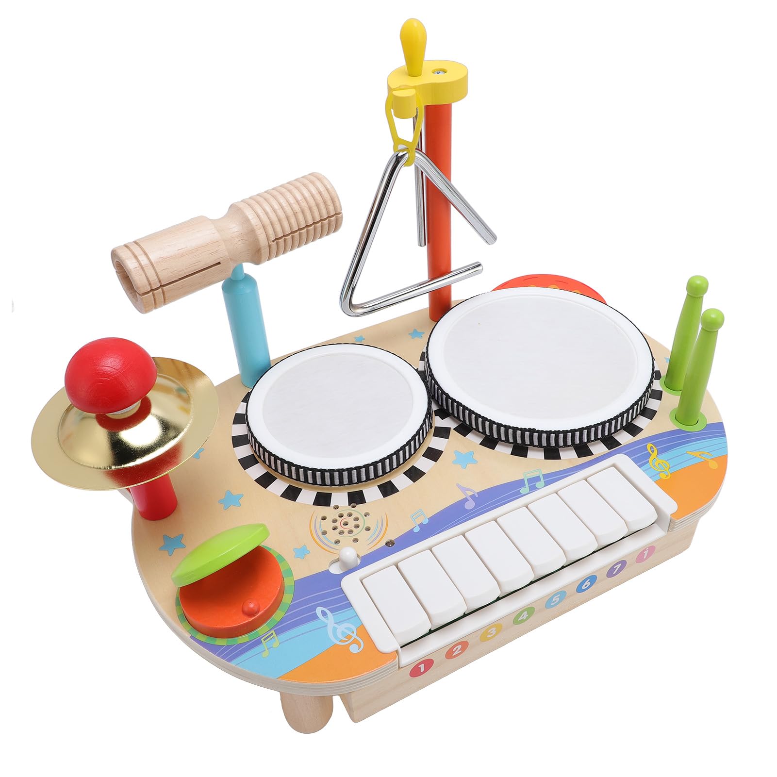 Topiky Drewniany Instrument Muzyczny dla Dzieci Wielofunkcyjny Zestaw do Pukania w Bęben Zestaw Fortepianowy dla Małych Dzieci Edukacyjna Zabawka do Wczesnej Edukacji z Trójkątnym Stojakiem na