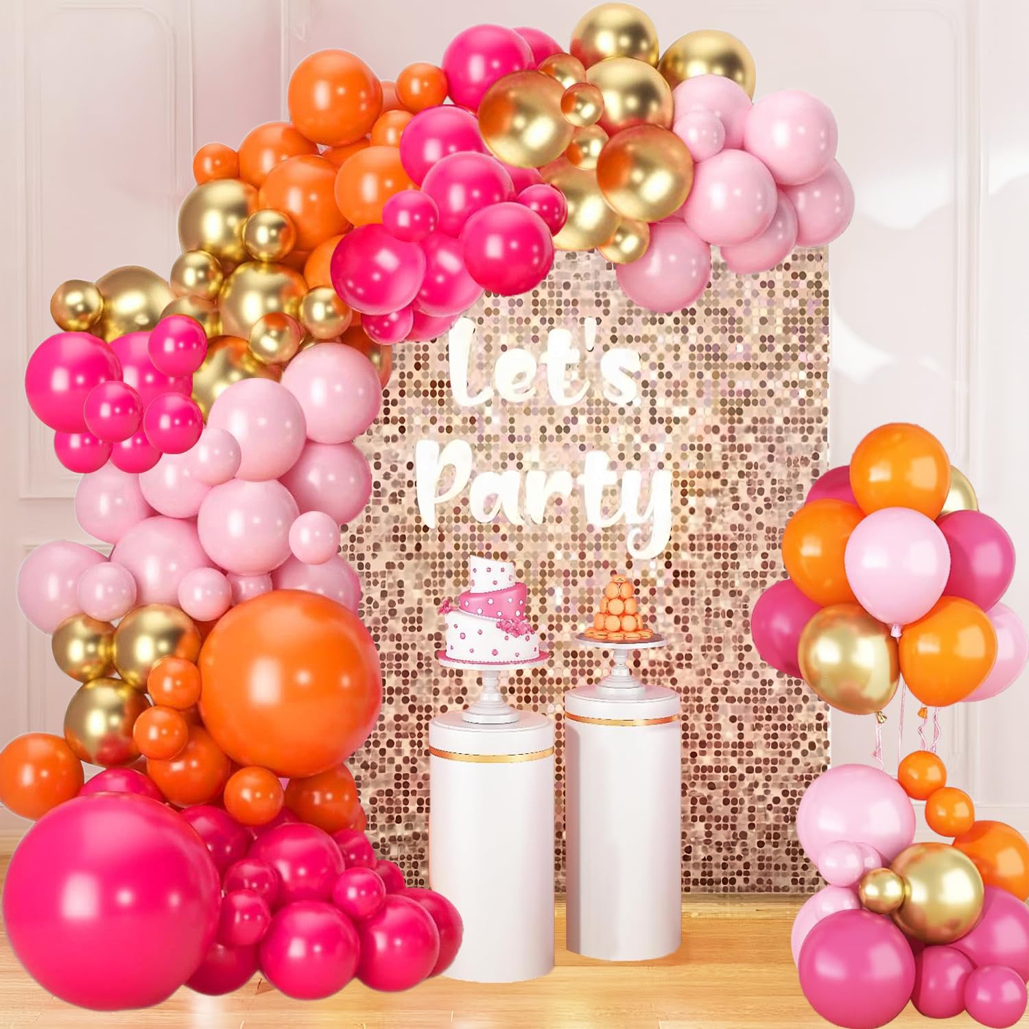 Ballons Rose Orange 60 Pièces Anniversaire Fille Latex Hélium Métallique Or Confettis Décoration Fête