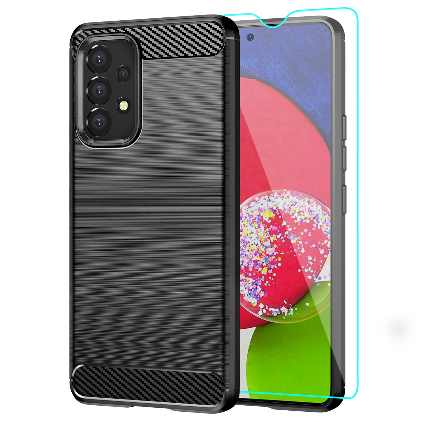 Galaxy A53 5G Case,Samsung A53 5G Case,with HD Screen Protector, Yuanming Shock-Absorption Flexible TPU Bumper Cove Soft Rubber Protective Case for Samsung Galaxy A53 (Black Brushed TPU)