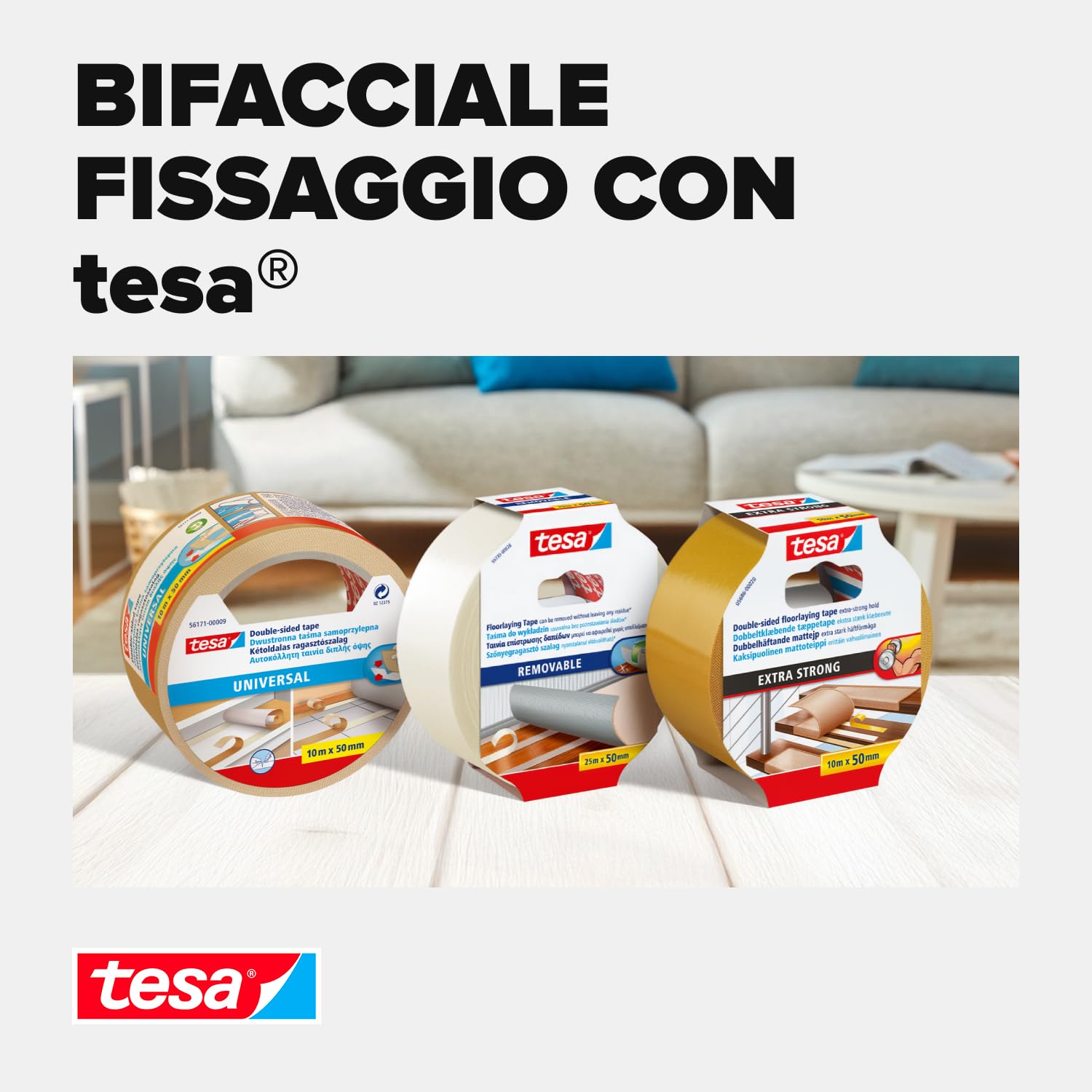 tesa Nastro adesivo extra forte in confezione da 6 pezzi – Nastro biadesivo per la posa di tappeti e rivestimenti in PVC – biadesivo – 10 m x 50 mm