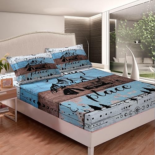 Vista 68 de Camper Decor Sábanas de cama Happy Camping, sábana bajera ajustable de campamento con juego de cama de montaña, juego de cama de verano para Multi 04