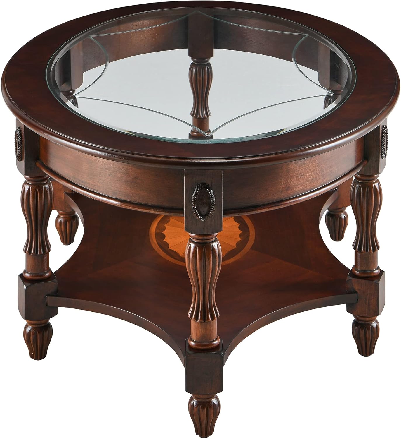 MODERION Traditional Coffee Table with Tempered Glass Top and Storage Shelf, Farmhouse Living Room Solid Wood Frame,Oval Cocktail Center for Home, Easy Assembly Cherry Walnut KFZ1533GT