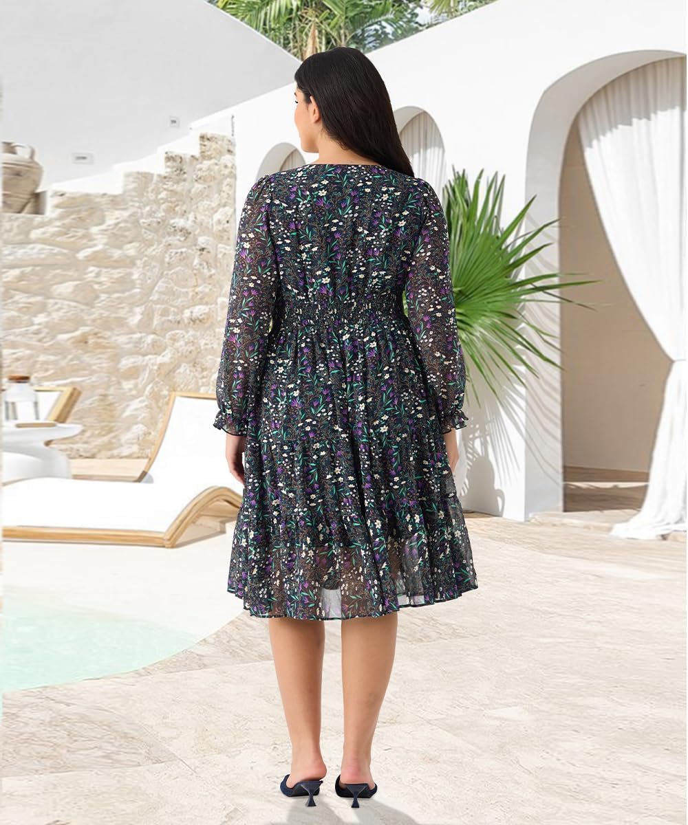 TIYOMI Plus Size Maxi Floral Dress for Women 2025 Long Sleeve V Neck Flowy Dress Empire Waist Wedding Guest Dresses - Image 4