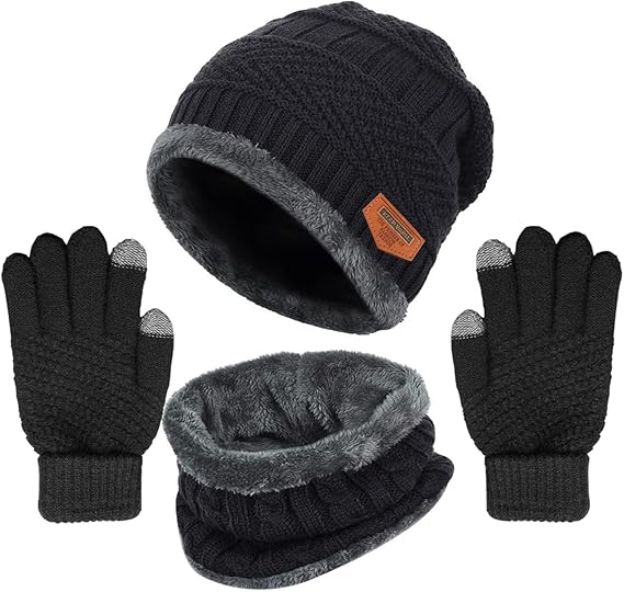 Winter Knit Beanie Hat Neck Warmer Gloves Set, Fleece Lined Skull Cap Infinity Scarves Touch Screen Mittens for Men Women