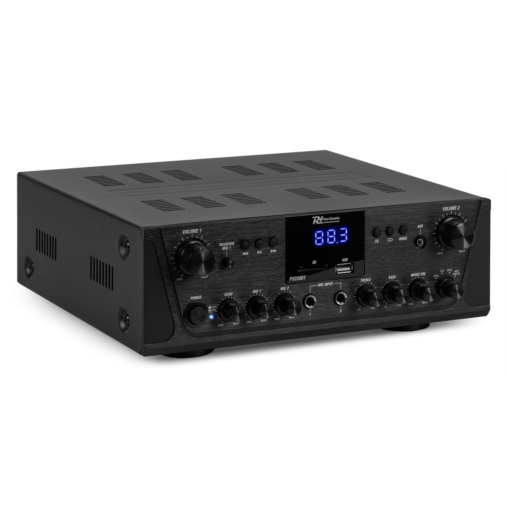 Power Dynamics PV220BT Amplificateur Audio Bluetooth 2x100W 2 Zones Lecteur MP3 USB/SD Radio FM Entrées RCA AUX Télécommande
