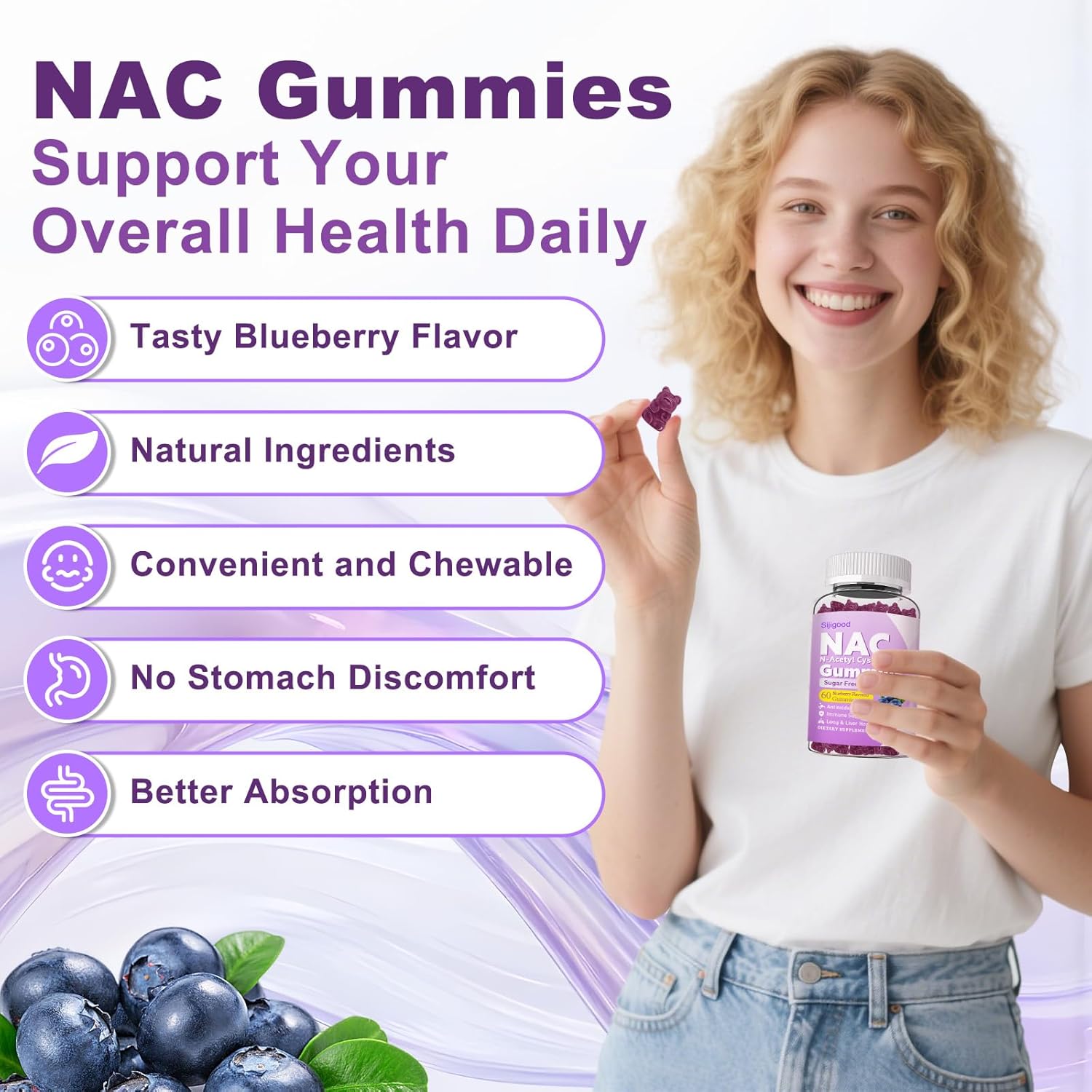 NAC Gummies for Kids & Adults - NAC Supplement N Acetyl Cysteine Dietary Gummies Support Respiratory & Liver Health, Antioxidants & Immune System, Blueberry Flavor 120 Count