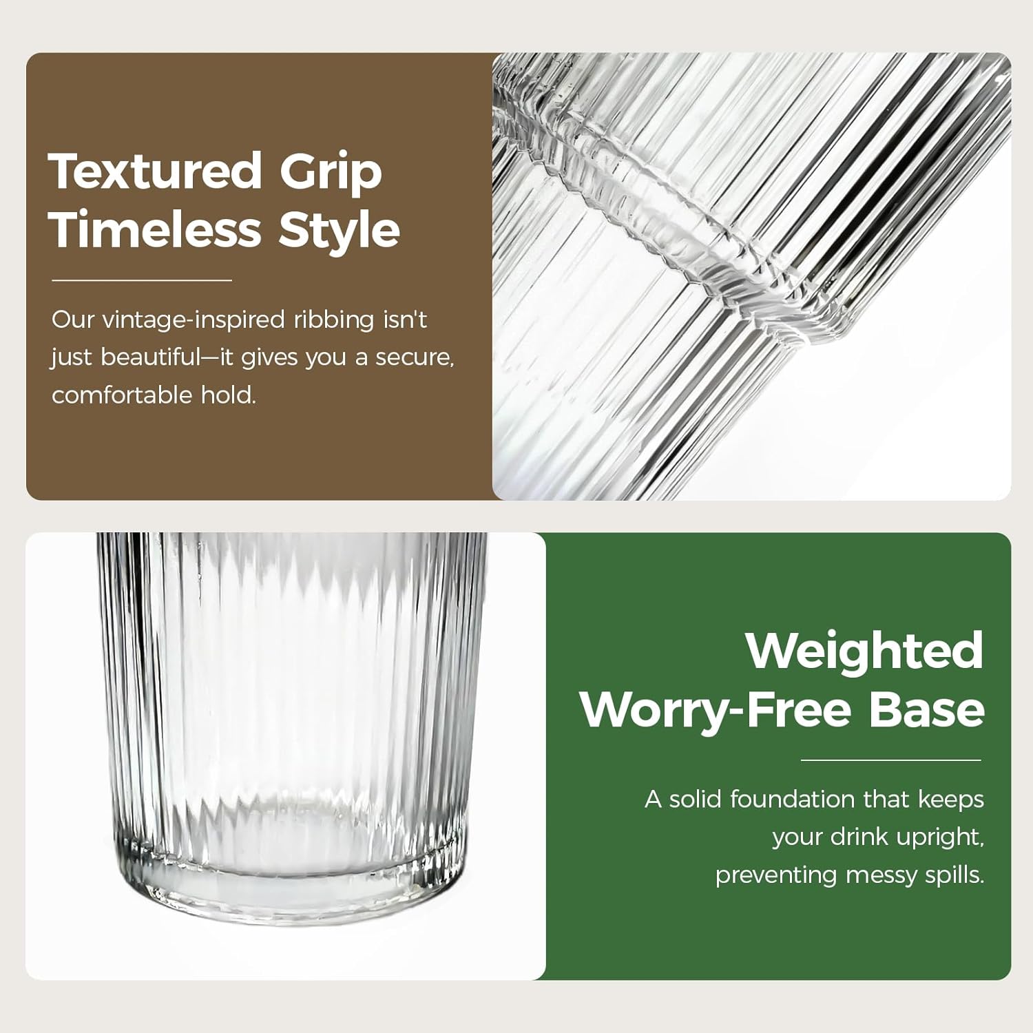 18oz Ribbed Glass Tumbler with Lids & Straws, Set of 2 -Vintage Ribbed Iced Coffee Cups, Reusable Smoothie & Cocktail Drinking Glasses - Perfect for Daily Use & Travel - Image 3