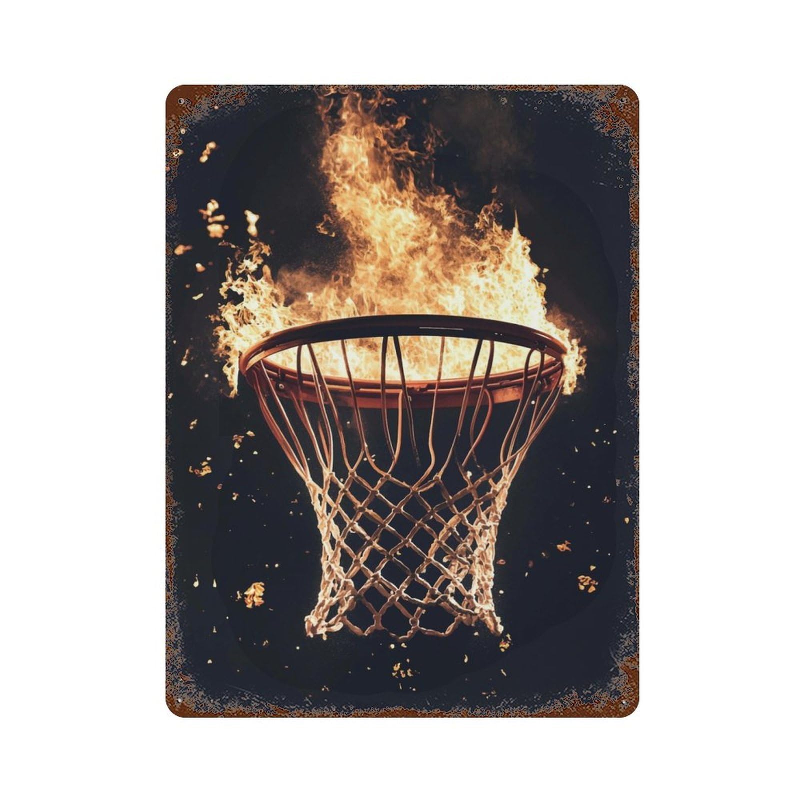 Rust Effect Flaming Basketball Hoop Aged Metal Wall Plaque 15.7"x11.8", Farmhouse Wall Decor for Office, Studio And Wall Decor