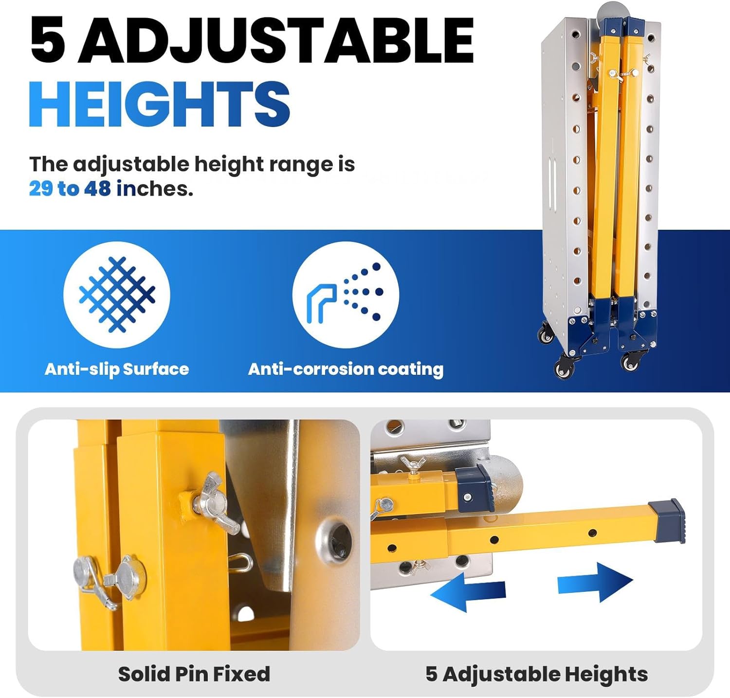65" Adjustable Work Platform Bench, 29"-48" Height Drywall Stool & Painting Scaffold, 4000LBS Capacity Folding Steel Step Ladder with Wheels for Car Wash, Welding, Home Renovation & Cleaning