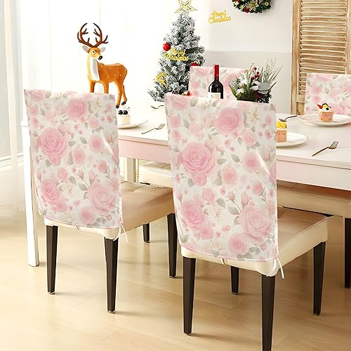 Miniatura 4 de Juego de 6 fundas decorativas románticas para sillas de comedor con diseño de rosas rosadas para sala de estar, fiestas de cumpleaños, fundas