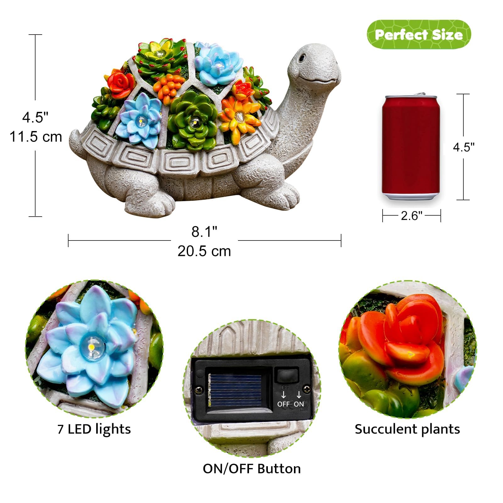 Goodeco Solar Schildkröten Statue Garten Dekorationen,Gartenschildkröte Figur Dekor mit Sukkulente und 7 LED Leuchten Dekor für Terrasse,Balkon,Rasen - Einzigartige Einweihungs Geschenke