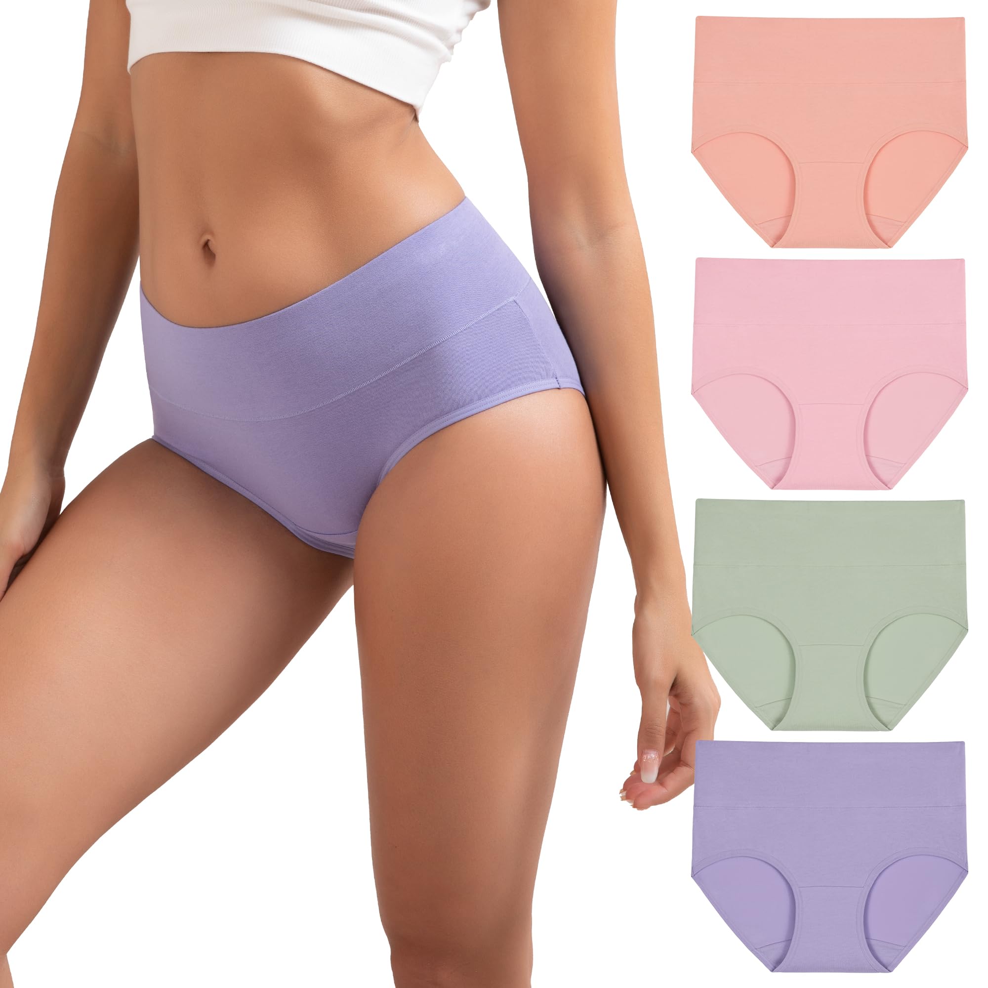 INNERSY Women's Cotton Underwear High Waisted Briefs Full Coverage Panties 4-Pack