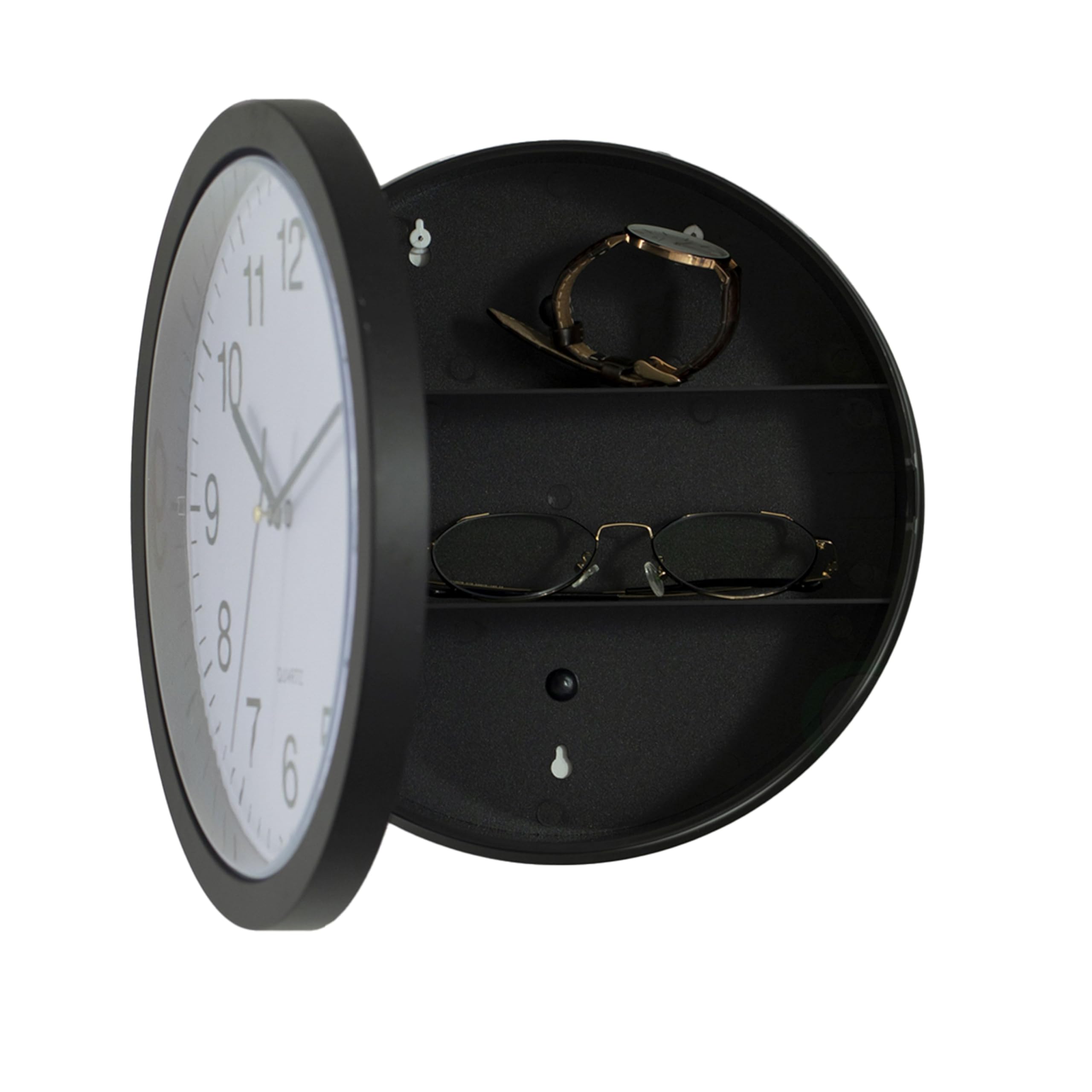 Black Wall Mounted Clock with Door for Storage Secret Interior Compartment, Hidden Safe for Storing Valuables