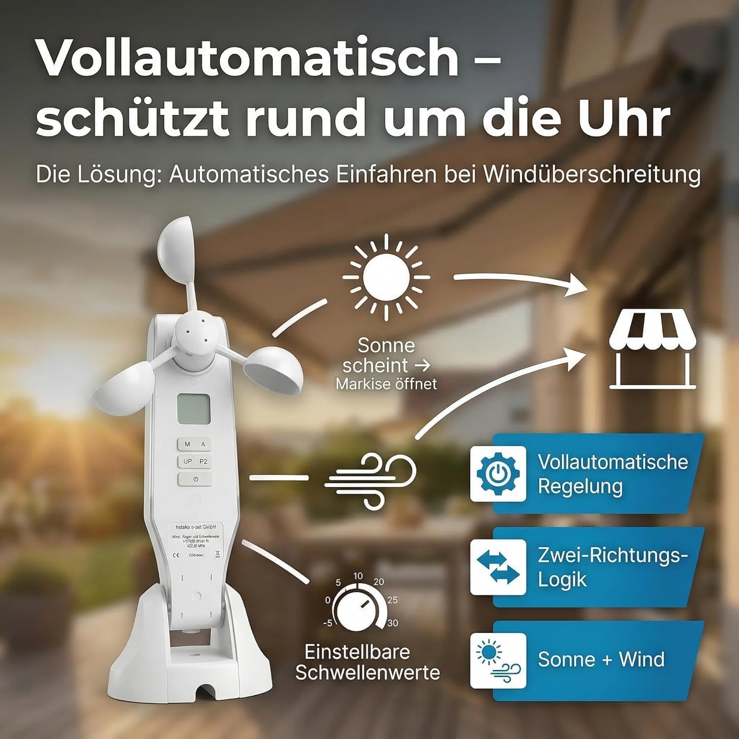 1-Kanal Wind- und Sonnensensor für Markisen (1 ST) | sowie für weitere Außenbeschattungen, Funkprotokoll G2 und BI