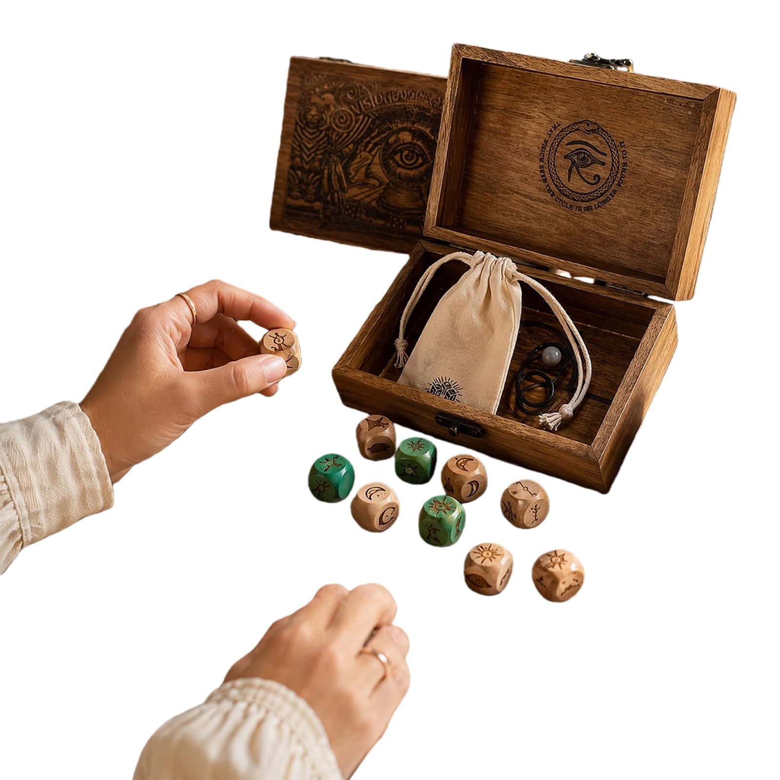 Oracle Dice Set Wahrsagerei Holz Box graviert 10-teilig Spielzeug | Oracle Dice Set Wahrsagerei Holz Box graviert 10-teilig mit mystischen Symbolen und täglichem Gebrauch
