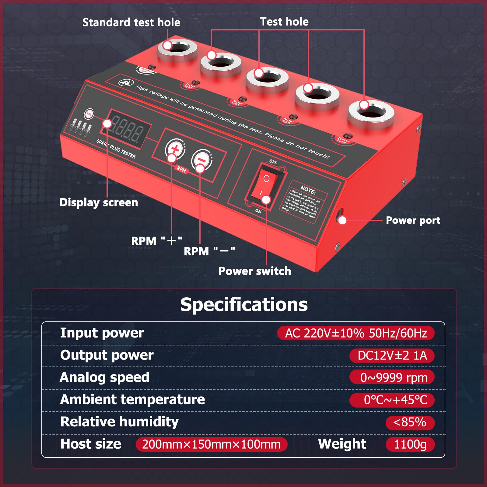 220V Comprobador de Bujías Coche - MOTOCOCHE Comprobador Bujías Cinco Orificios con Pantalla LCD para 12V Vehículos Gasolina, Frecuencia Ajustable 0-9000rpm, Herramienta Diagnóstico Bujías 12~14mm
