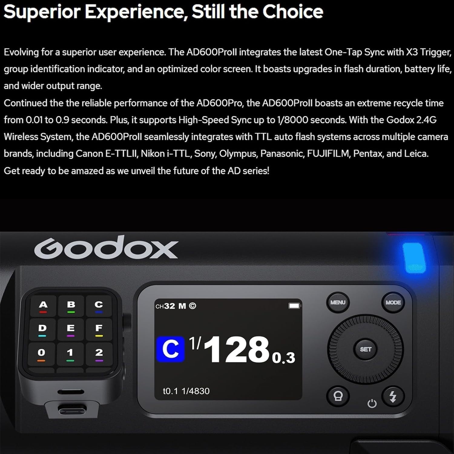GODOX AD600 Pro II 600W G87 TTL 2,4GHz 1/8000s HSS Flash Exteriores,Tiempo de Reciclado 0,01-0,9s,Luz Modelado LED Bicolor de 40W para Canon,Sony,Nikon,Fujifilm,Olympus,Panasonic,Pentax,Leica Cámaras