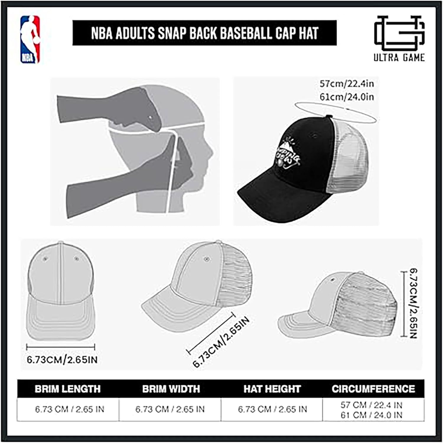 Ultra Game Men NBA Official Twill Snap Back Ultimate Black Baseball Cap Hat - Image 7