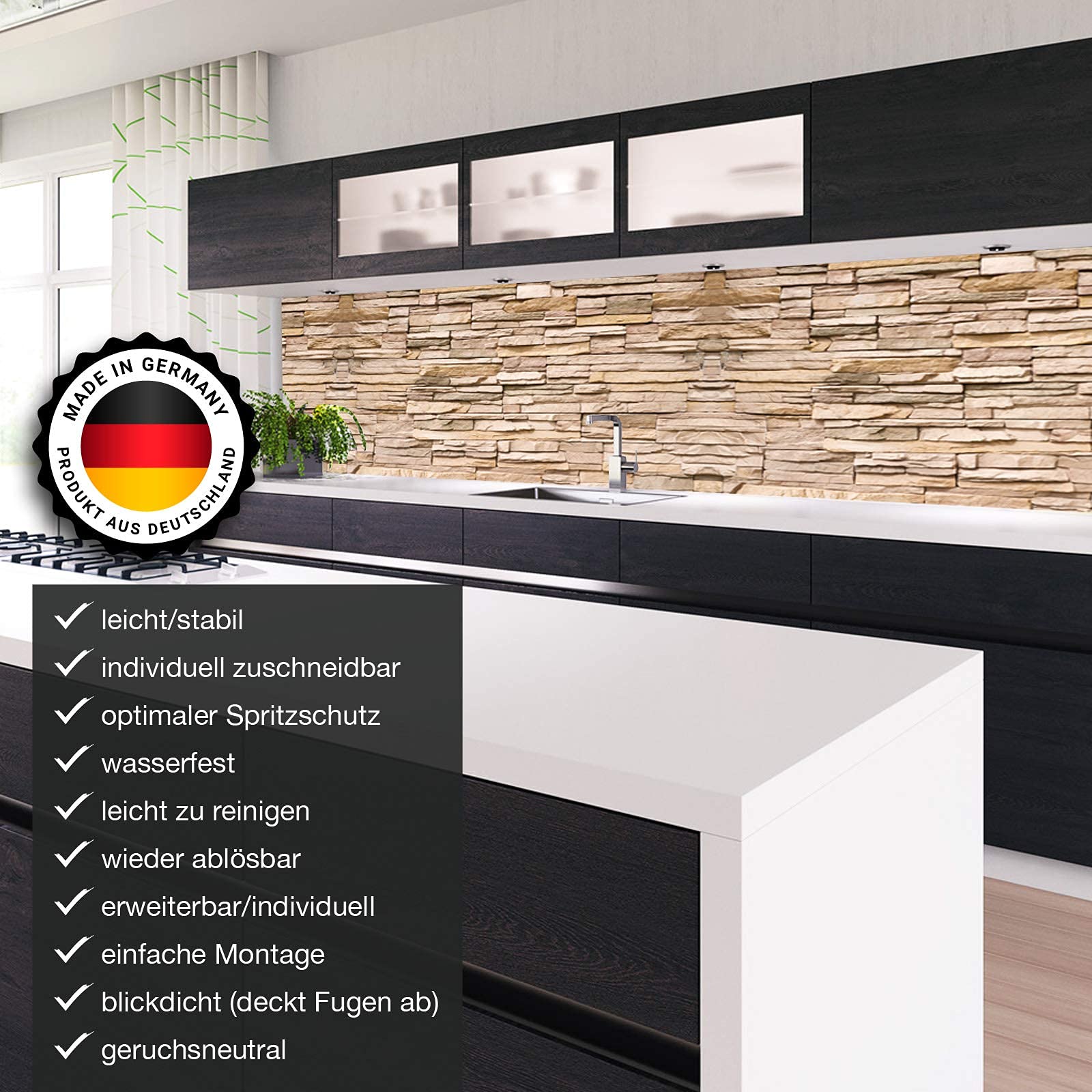 KLINOO Küchenrückwand aus Folie in Steinoptik als Spritzschutz - zuschneidbar und erweiterbar - 97cm x 68cm (Naturstein beige)
