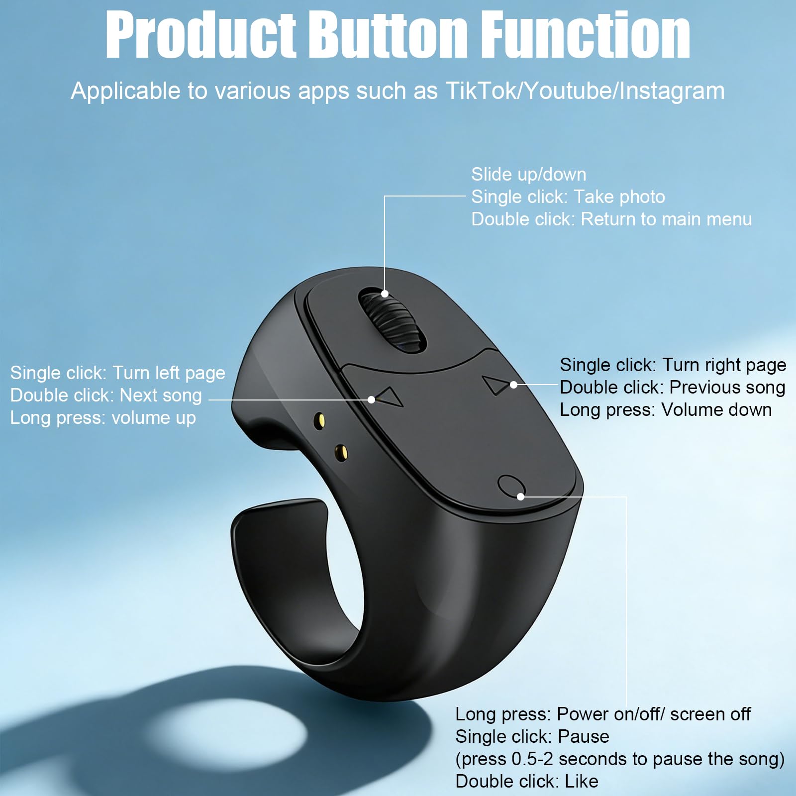TikTok Bluetooth Scrolling Ring,Remote Page Turner,Fernbedienungsring, Mobile Selfie Lazy Controller für, iOS, Android, Kamera, Videoaufzeichnung, mit Ladegerät
