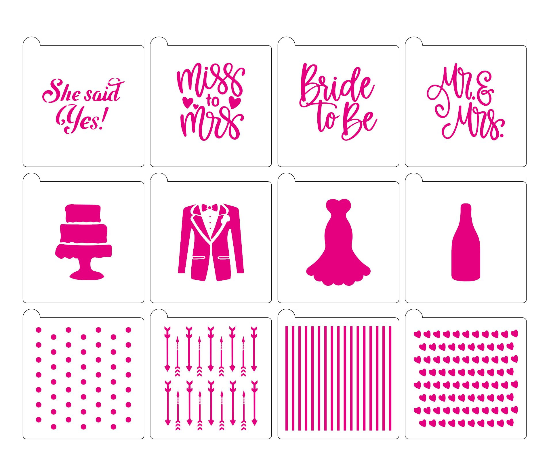5.5x5.5in Wedding/Engagement Cookie Stencils 12PCS, She Said Yes/Bride to Be/Miss to Mrs for Baking, Royal Icing, Sugar Cookie, Cupcakes, Cards Decorating Tools