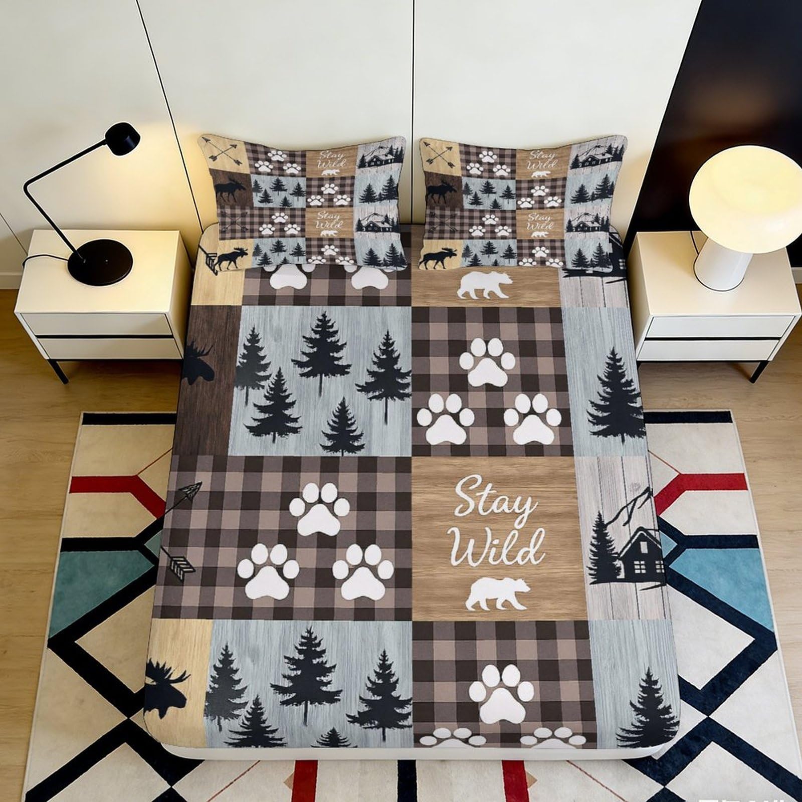 3D Printed Forest Plaid Fitted Sheet Microfiber Nordic Cabin Paw Mattress Cover for Bedroom Guest Room Decor 90x200x25cm