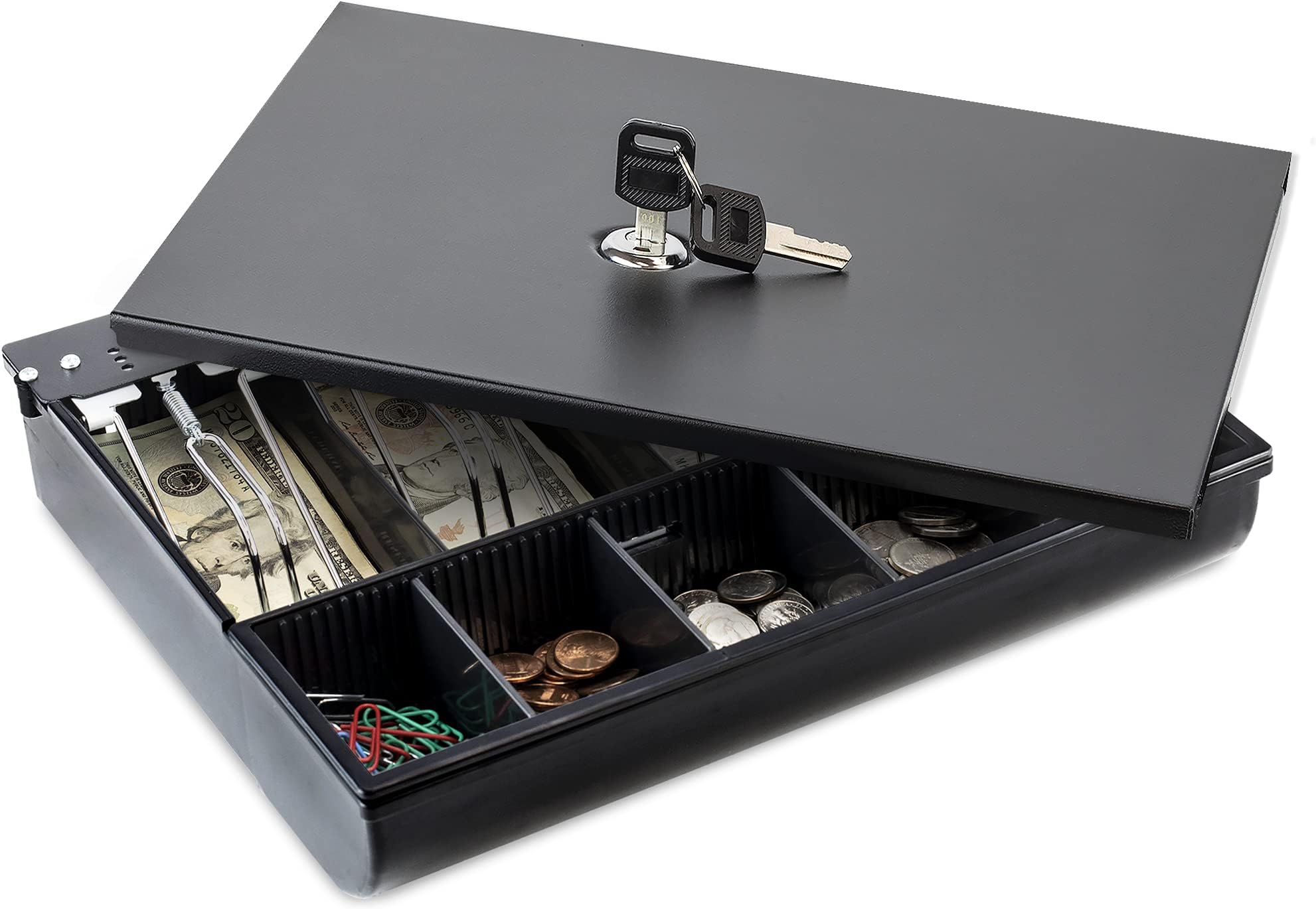Volcora Cash Drawer Tray with Locking Cover - 11.7 x 10.3 x 2.3 Inch Metal Cash Lock Box with Lid - 4 Bill/5 Coin Money Organizer for Volocara 13" Fully-Removable Cash Drawers - For Business Use