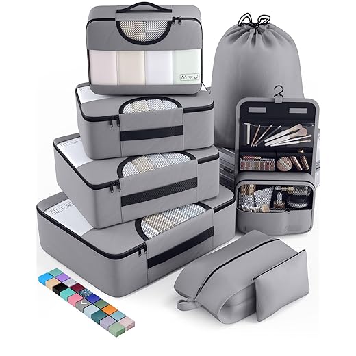 Veken 8 Set Packing Cubes for Travel Essentials, Suitcase Organizer Bags in 4 Sizes, Carry-On Luggage Accessories with Large Laundry & Hanging Toiletry Bag, Must-Have for Airplane, Road Trip & Camping