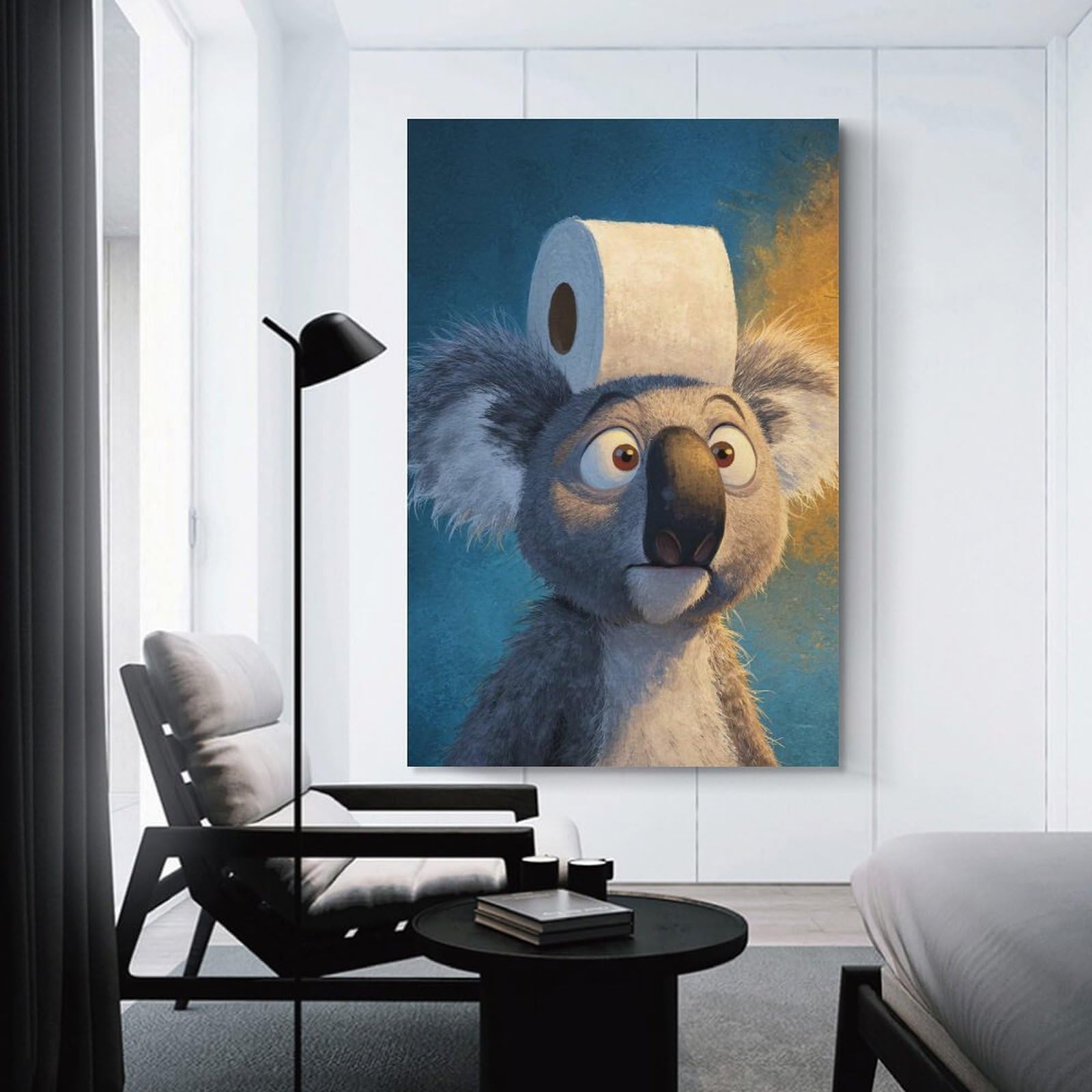 Junmoney Wall Decor Canvas Print Koala with Toilet Paper Hat, 24x36inch(60x90cm), for Study, Office Or Apartment Decor, Canvas Artwork with Gifting Potential