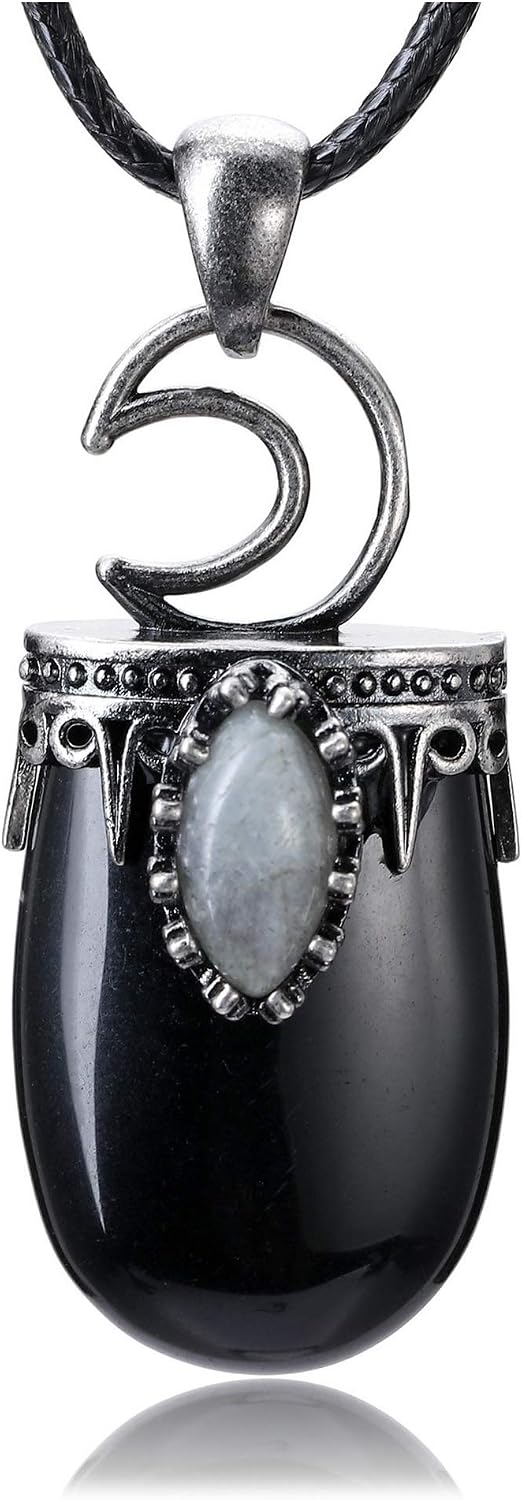 Jovivi Healing Crystal Necklace Half Oval Chakra Gemstone Moon Labradorite Pendant Necklace Adjustable Rope