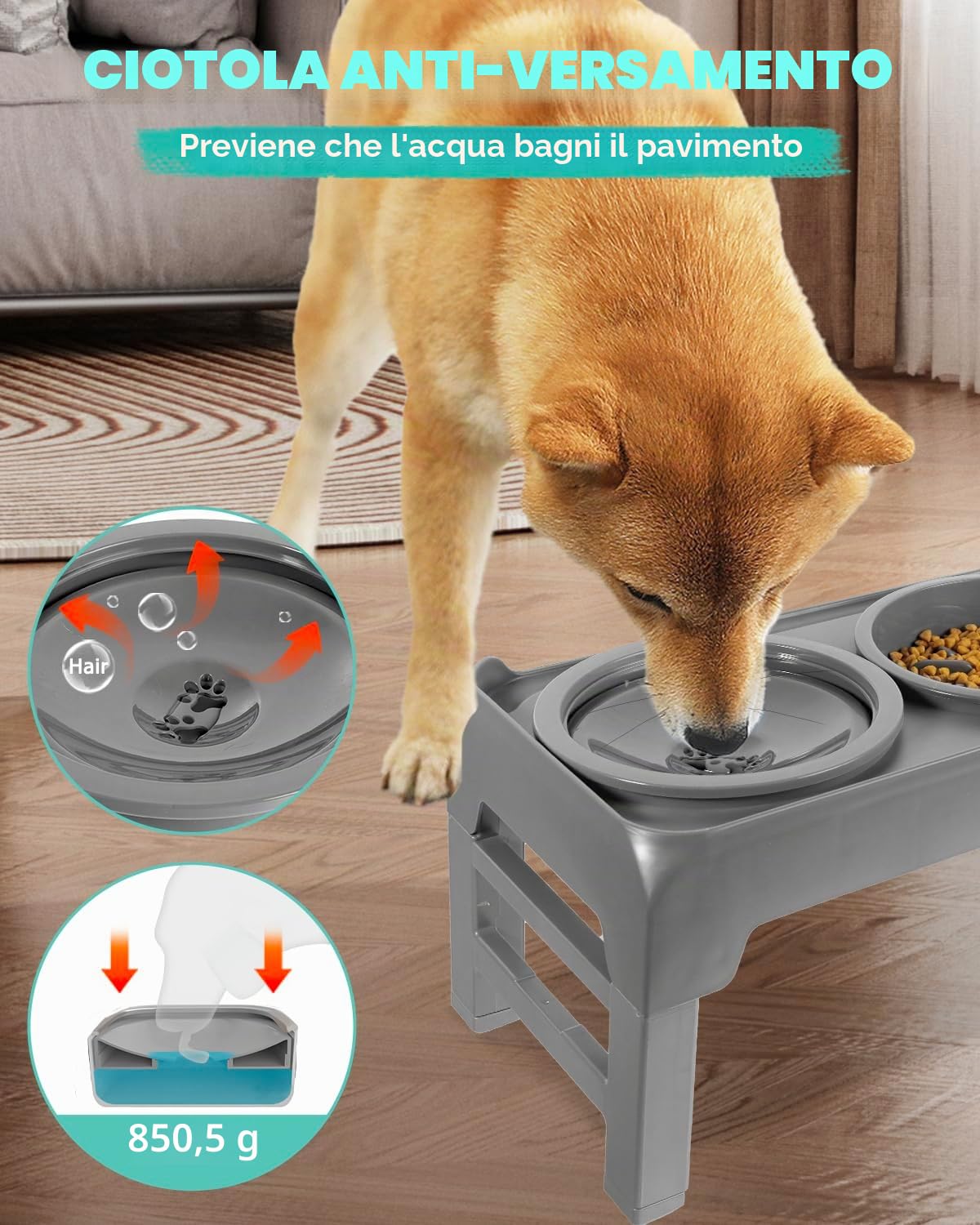 Ciotole per cani rialzate con 4 altezze regolabili, con ciotole per alimentazione lenta e ciotola per acqua per cani, ciotola per cibo e acqua per cani di taglia piccola, media e grande