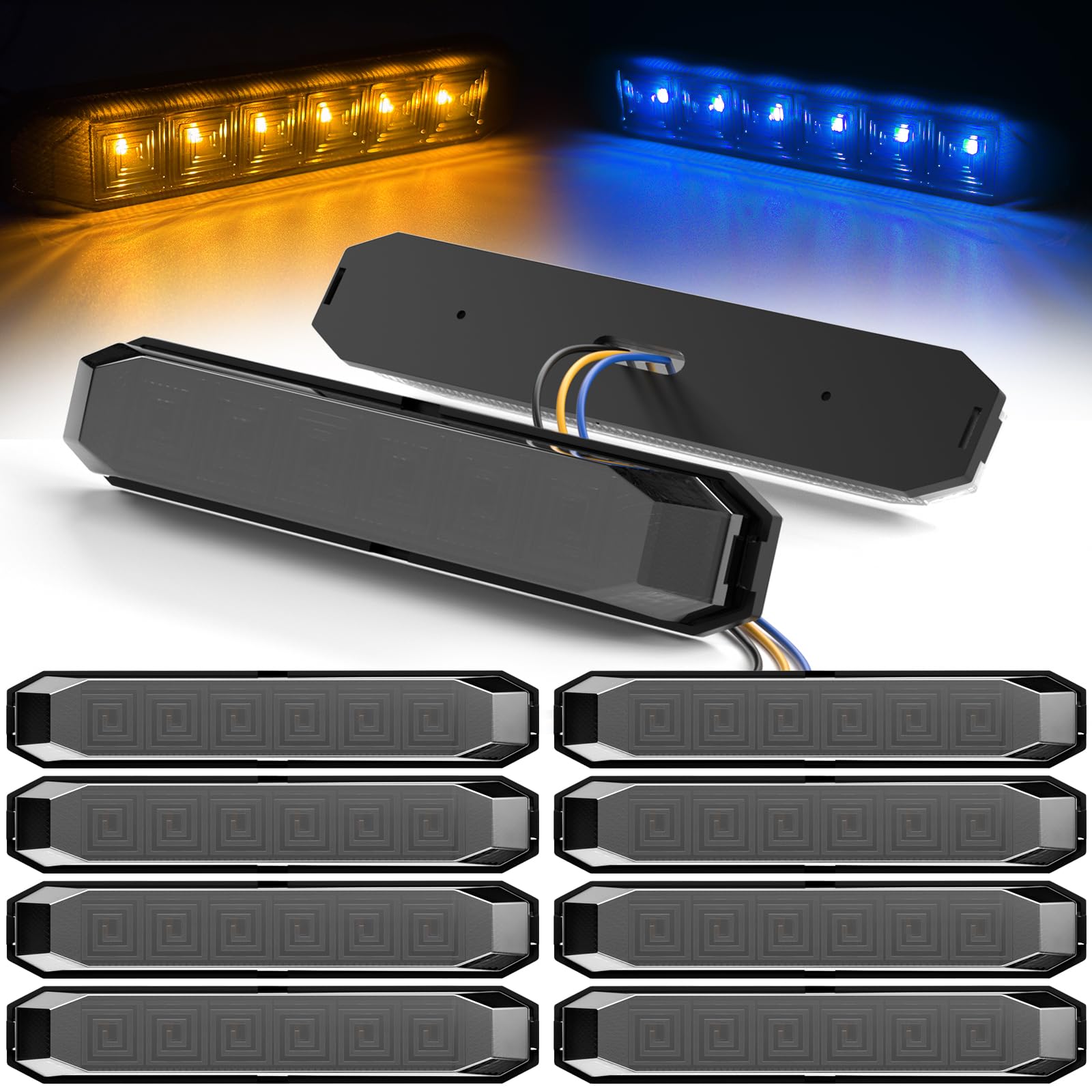 PSEQT 4.7'' Dual Color Trailer Marker LED Lights Strip Dual Function Side Clearance Tail Grille Bumper Fender Waterproof Light 12V for Trailer Truck Car Bus Van ATV UTV, 10Pcs w/Black Lens Amber Blue