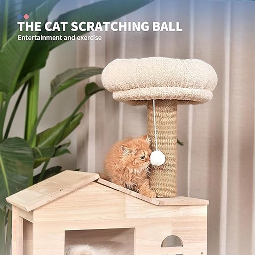 Miniatura 5 de Moderno árbol de madera para gatos de interior, torre de madera para gatos de 59 pulgadas, árbol de madera de goma de varios niveles con casa para