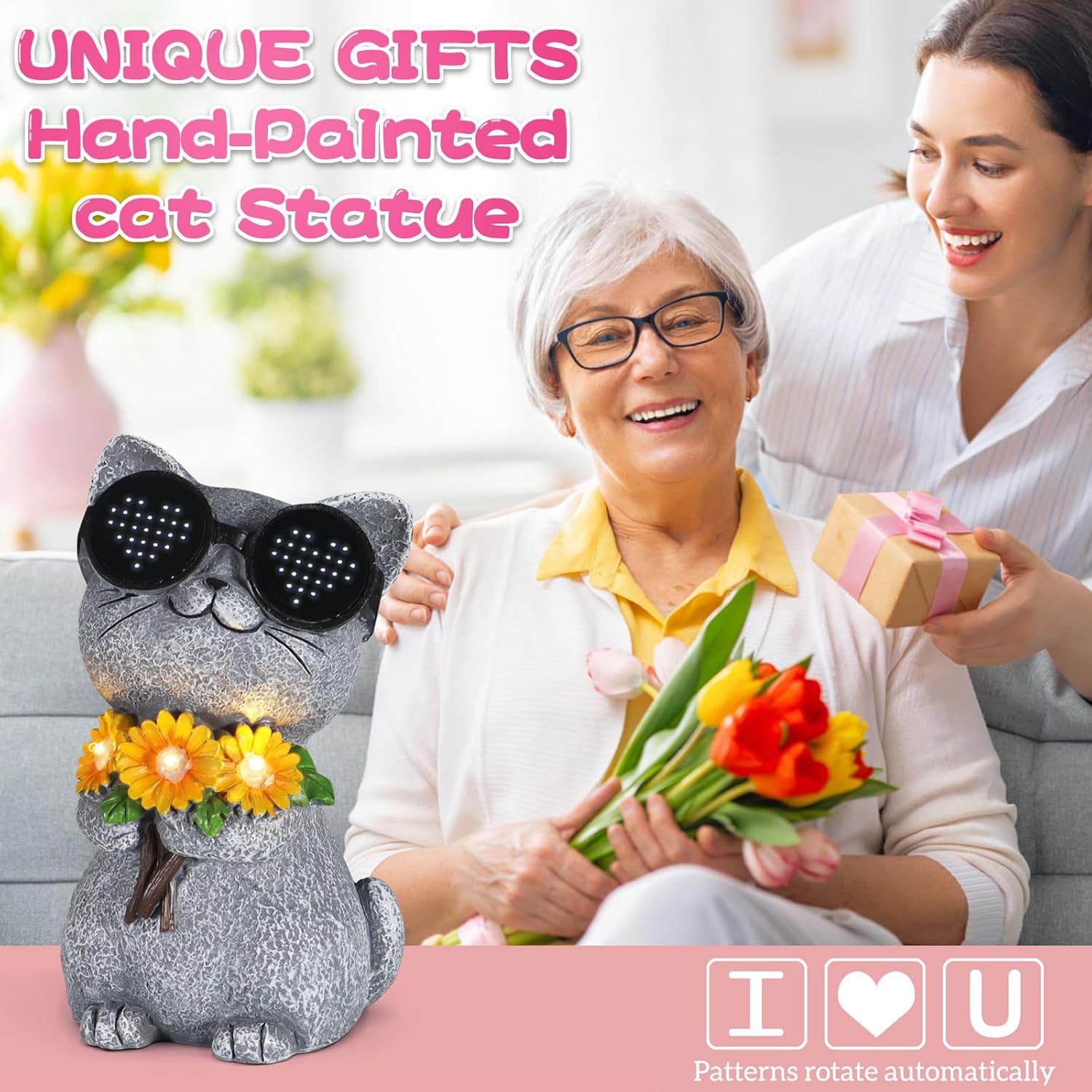 Solar Garden Statues Cat with Daisy and LED Lights Birthday Gifts for Women Mom Grandma Solar Outdoor Decor for Patio Backyard Yard Lawn Decoration-Unique Housewarming Gifts