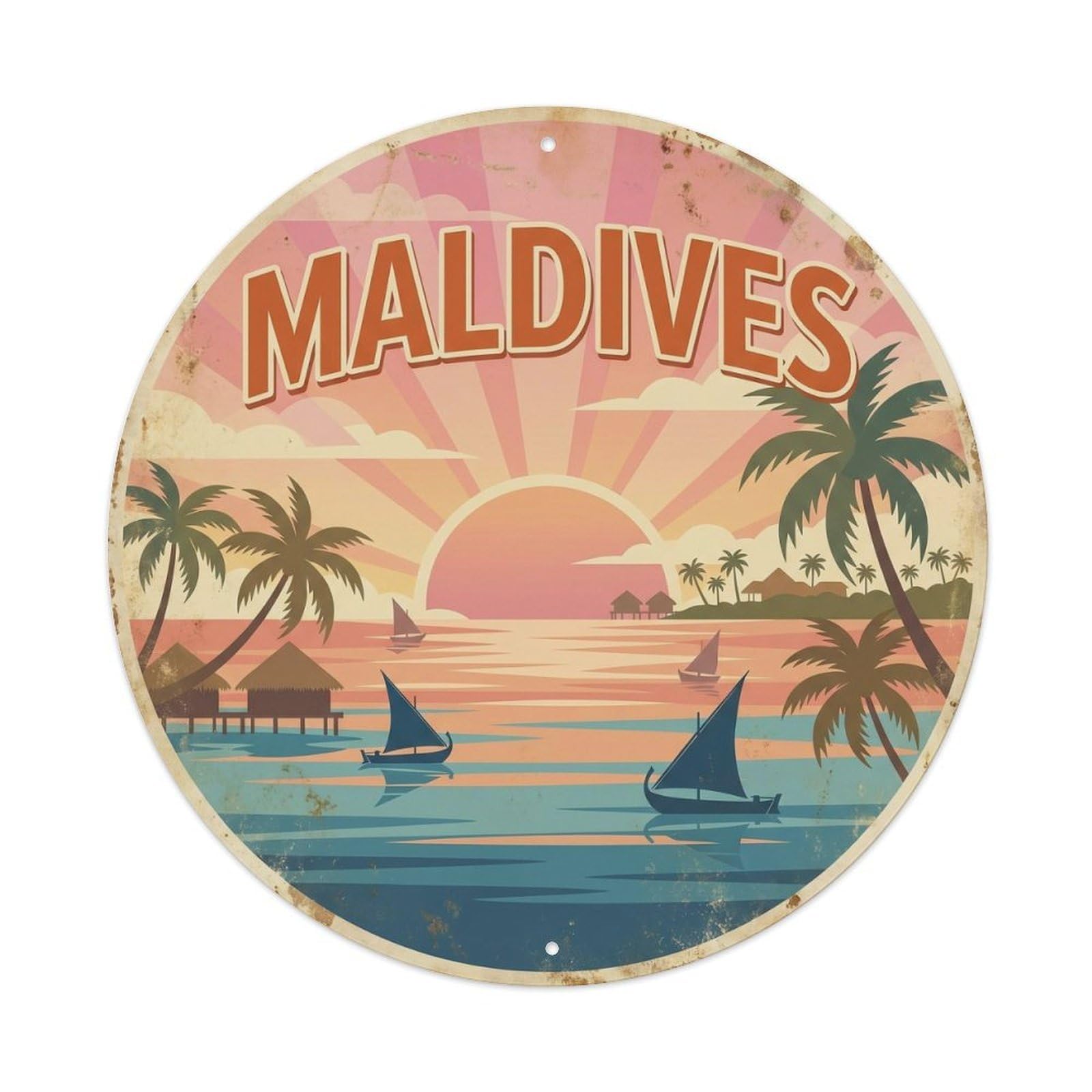 Maldives Sunrise Island Scenery Ocean Retreat Metal Tin Sign