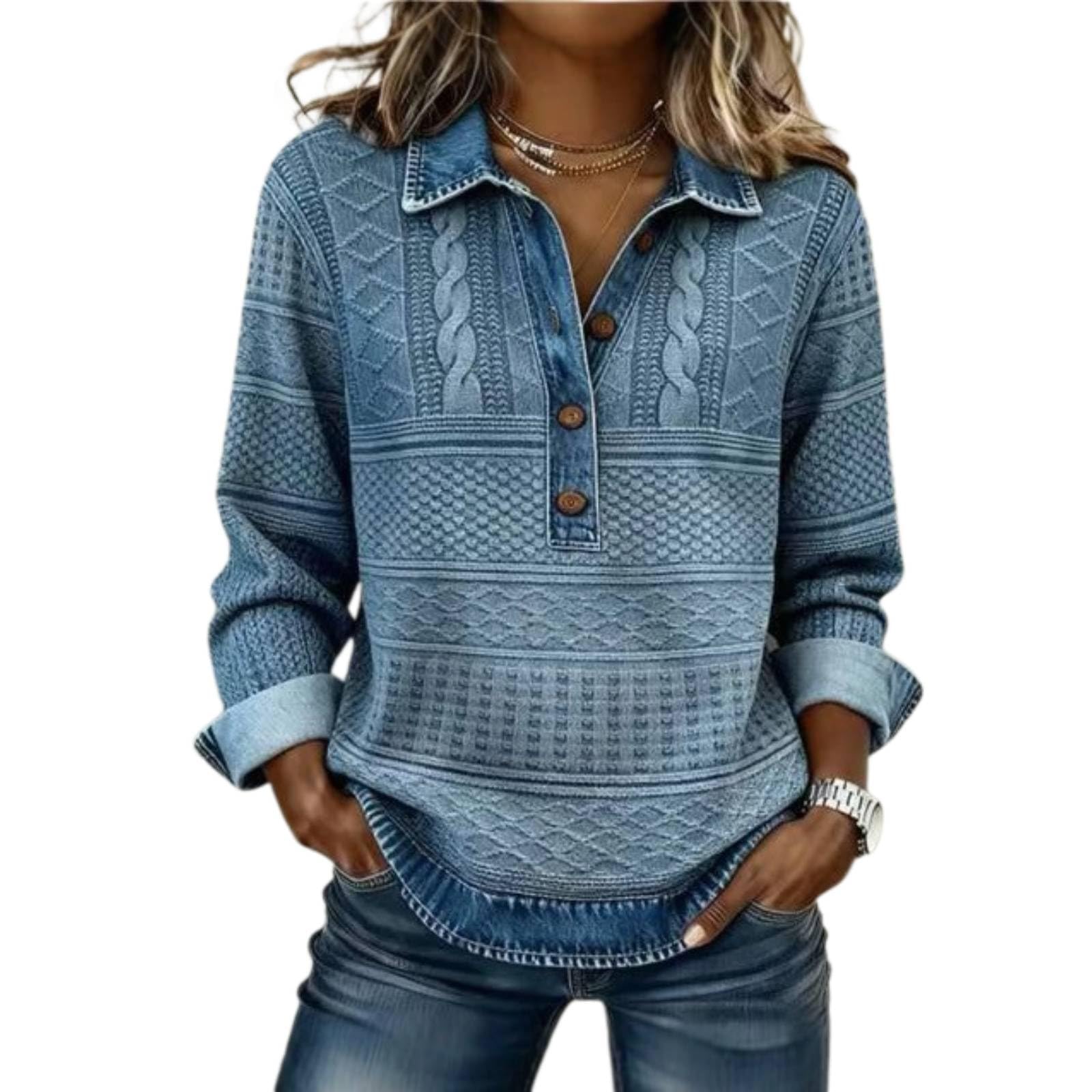 Womens Denim Sweater Button Up Collar Patchwork Pullover Top Vintage Waffle Knit Jean Casual Wear Blouse