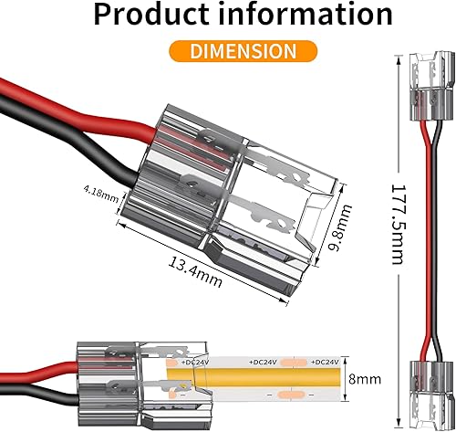 Miniatura 4 de Paquete de 20 conectores LED COB, 2 pines de 0.315in, conector de cristal sin soldadura de 5.9in, conector a presión de doble cabeza de bajo voltaje