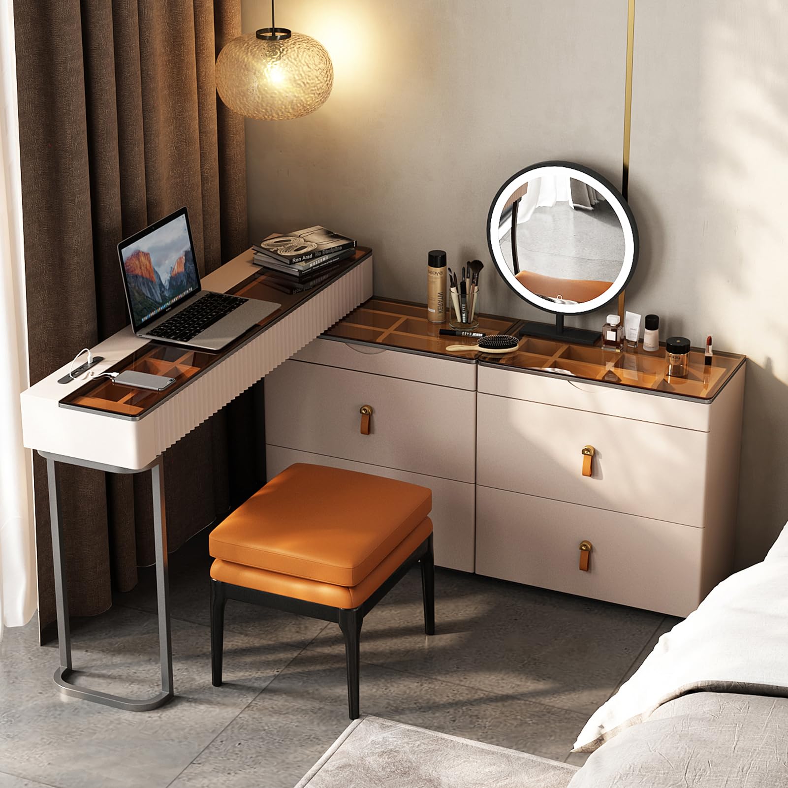 Lartis Makeup Vanity with Stool, Very Easy to Assemble,Retractable TV Cabinet Combination, Dressing Table Desk in one, Super Storage