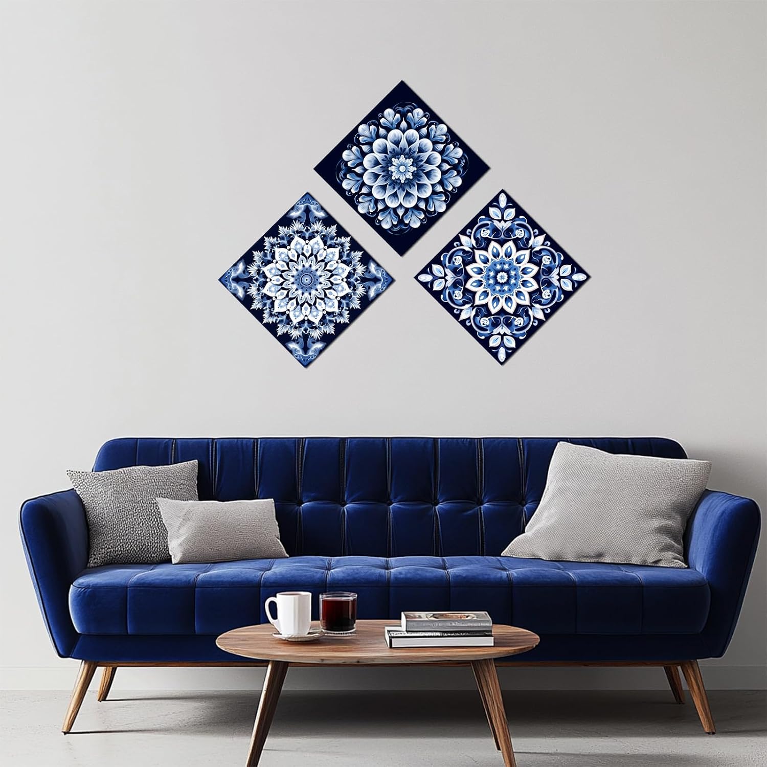 PLIDAAYO Mandala Boho Flower Wall Art 3 Pieces Abstrac Navy Blue Flower Pattern Canvas Print Picture Vintage Floral Poster Painting for Bedroom Living Room Home Decor(Flo-01,24"x24"x3)