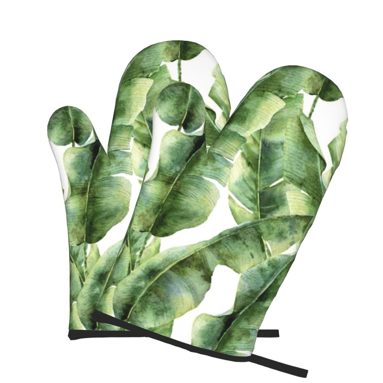 Oven Mitts Set of 2 Pcs, Watercolor Banana Plant Prints Heat Resistant Kitchen Gloves for Cooking Baking Grilling
