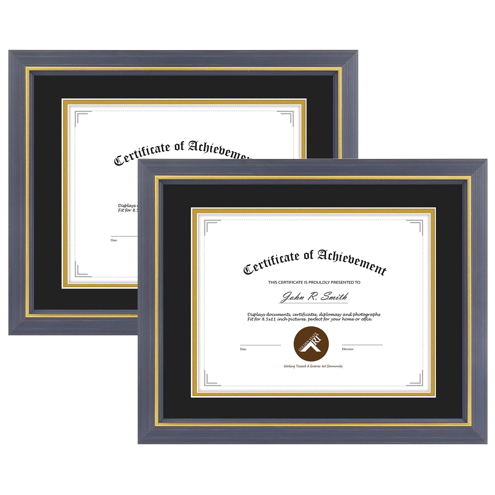 11x14 Diploma Frame Blue Gold Trim Fit 8.5x11 with Black W Gold Double Mat