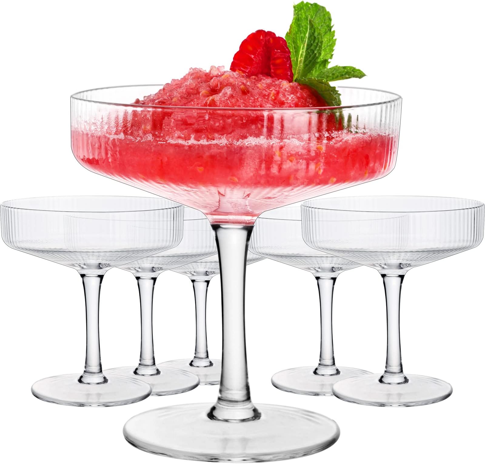 CUCUMI Ribbed Coupe Glasses Set of 6, Martini Glass 6oz, Champagne Coupe Glasses, Crystal Clear, Cocktail Wine Glasses, Ribbed Dessert Pudding Cups, Bar Drinking Glasses Set