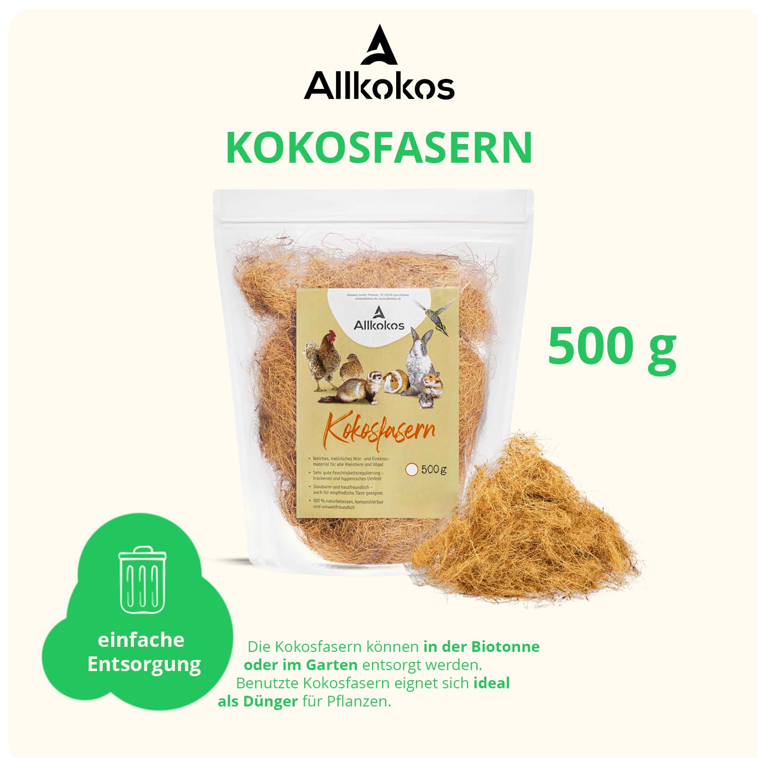 10x500g Kokosfasern als Nistmaterial für Vögel & Kleintiere | 100% natürliche Kokosfaser zum Nestbauen, für Tunnel- und Gangbau – staubarm, weich und vielseitig einsetzbar