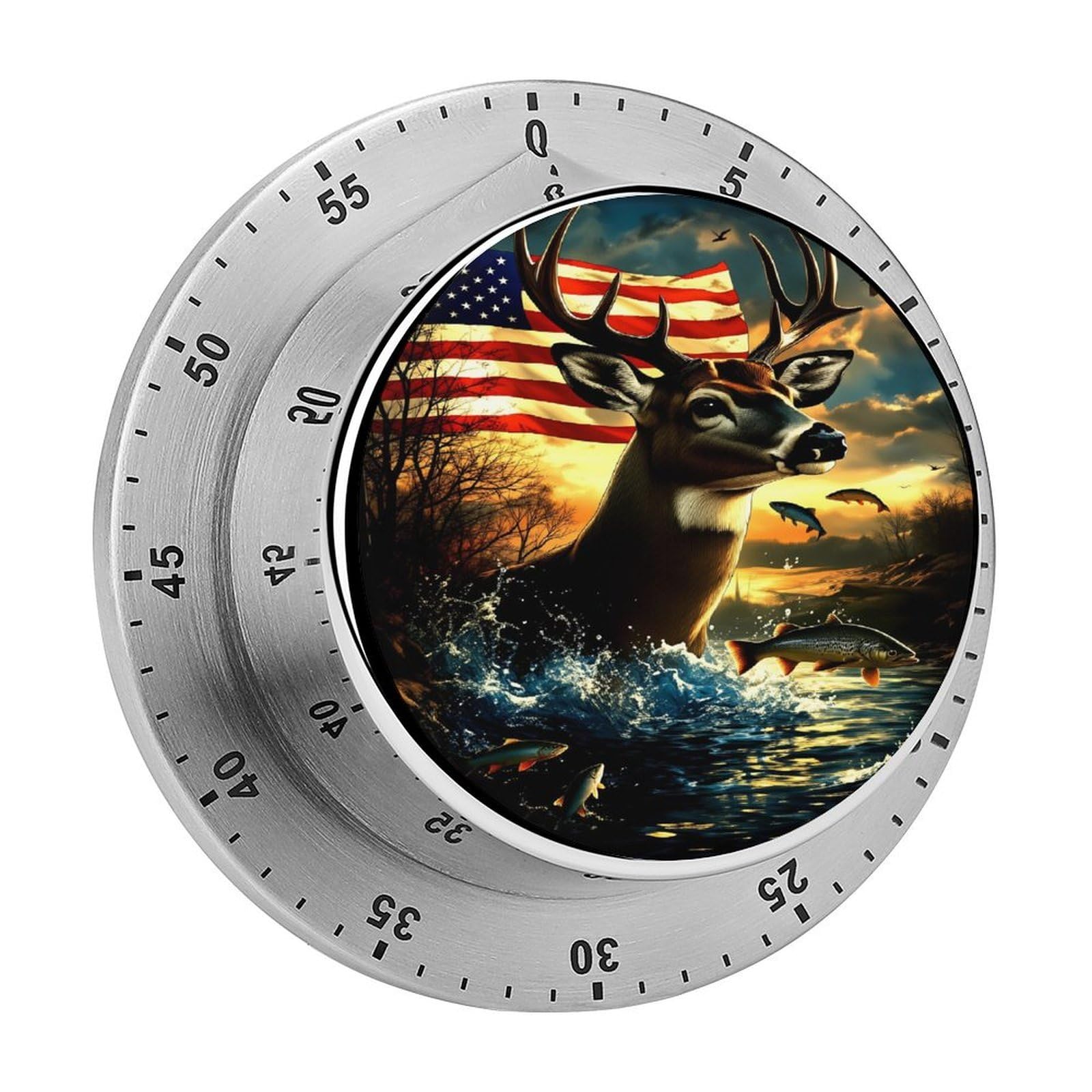 Deer American Flag Fishing Wildlife 60 Minute Wind Up Timer,Visual Mechanical Magnetic Timer with Loud Alarm for Kitchen
