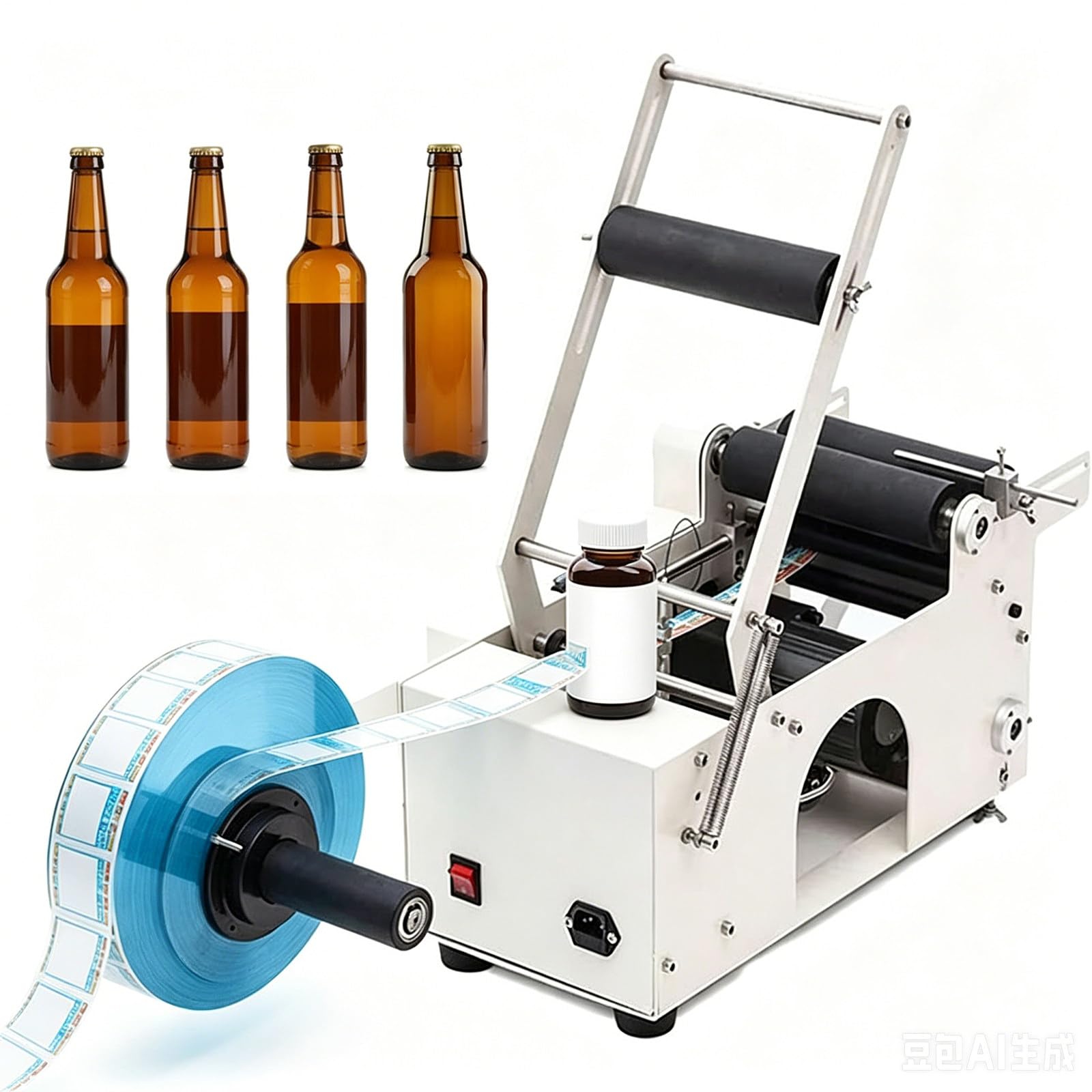RoyceBee Bottle Labeling Machine with Swing Arm, Manual Round Bottle Labeler Label Applicator Adjustable Self-Adhesive Labeling Machine for φ0.59-5.1” Cylinder (with Pressing bar)