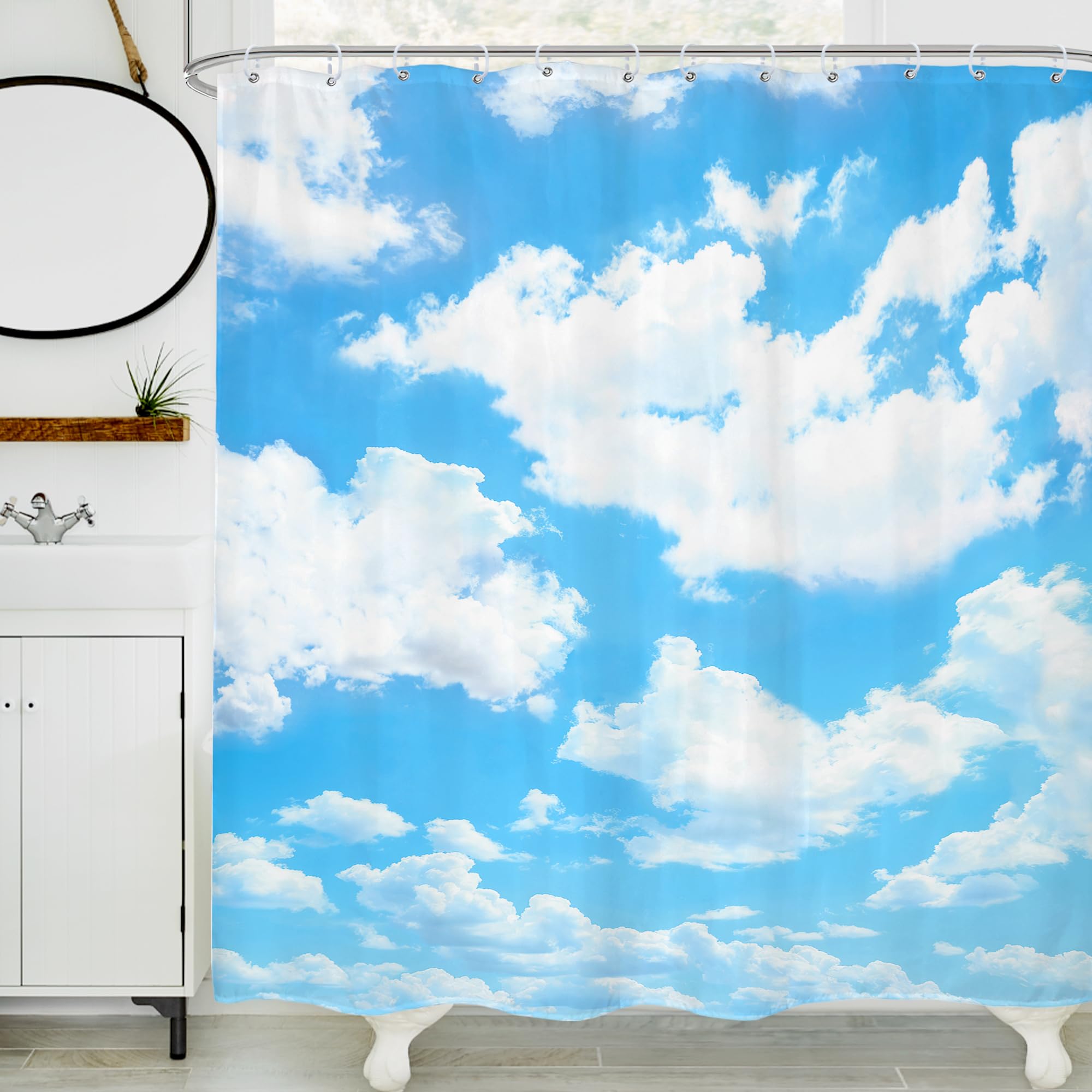 LIGHTINHOME Blue Sky White Cloud Shower Curtain Natural Landscape Scenery Waterproof Fabric 72x72 Inch Polyester Bathroom Bathtub Decoration 12 Pack Plastic Hooks