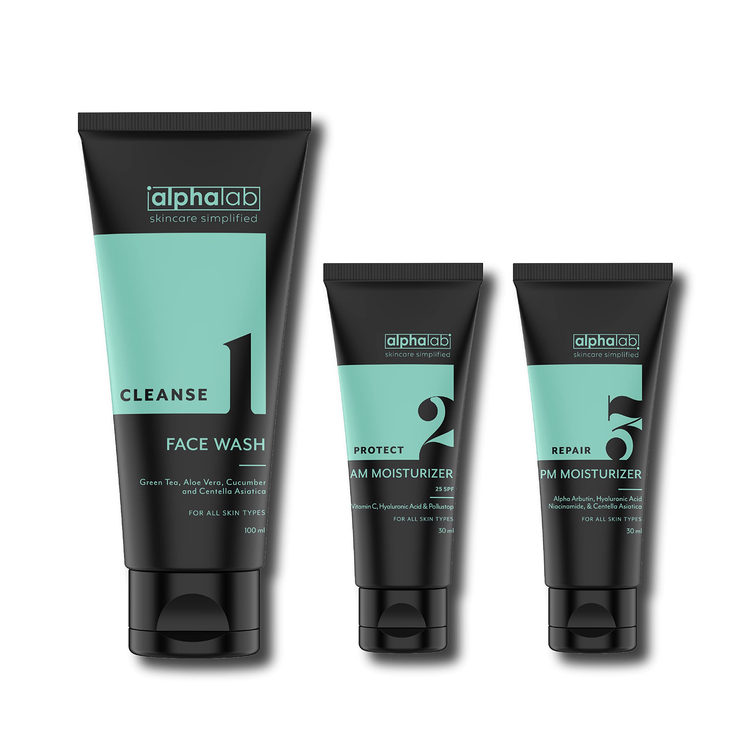 Alpha Lab - Skincare Simplified Essential Routine For Men | Face Wash | AM Moisturizer | PM Moisturizer | Cleanse, Protect, Repair