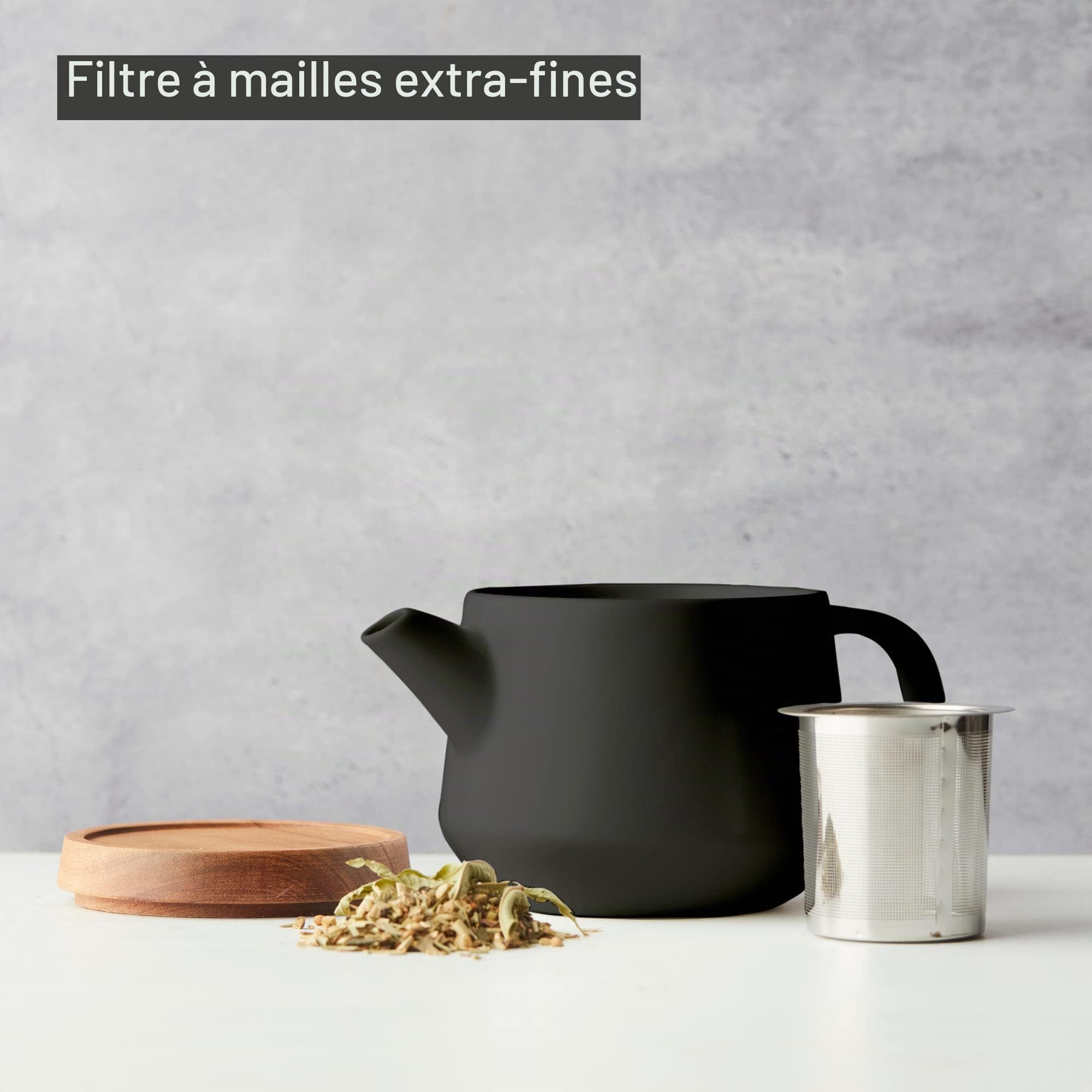 Point-Virgule Théière avec infuseur à thé en INOX, Service a The avec Couvercle, sous-Verre en Acacia, Noir, 600ml
